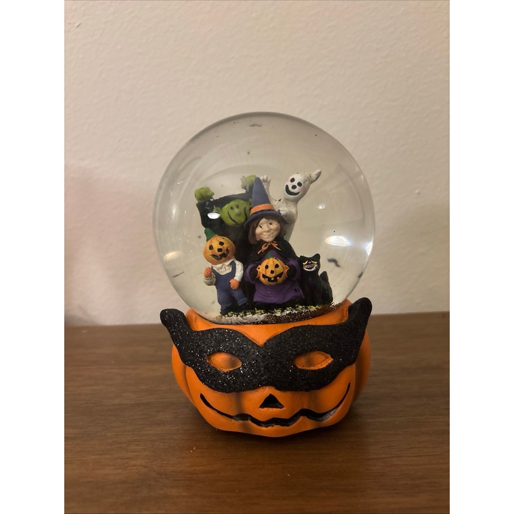 Halloween Masked Pumpkin Black Glitter Snow globe wind up music box‎ Ding Dong